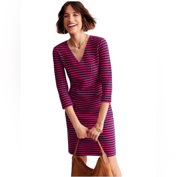 Boden Dresses & Skirts - Boden - NWT Striped V-Neck Ponte Long Sleeve Dress Pink Navy Sz 8